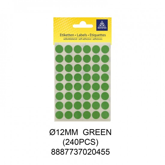 MAYSPIES MS012 COLOUR DOT LABEL / 5 SHEETS/PKT / 240PCS / ROUND 12MM GREEN